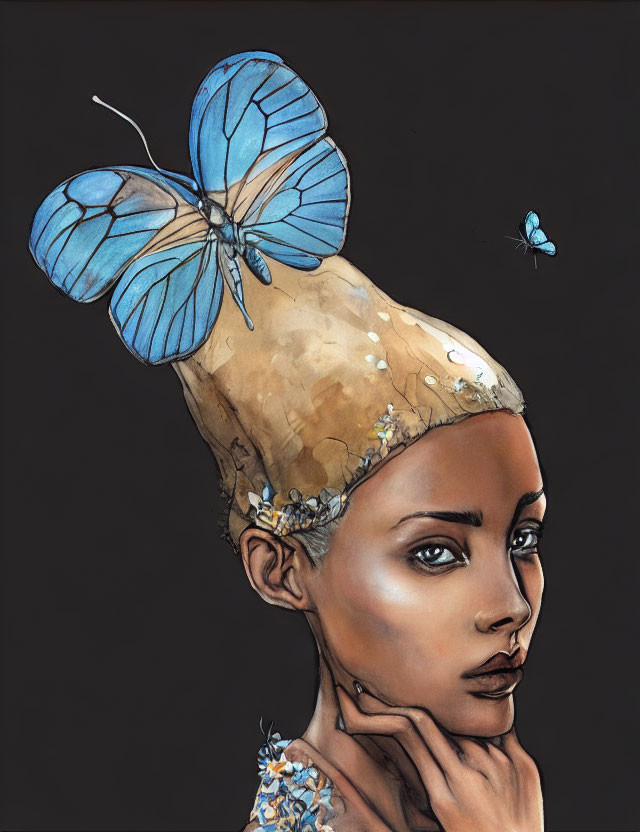 Bald Woman with Golden Flakes, Flowers, and Blue Butterflies