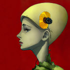 Surreal digital artwork of woman with parrot-like head on red background