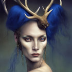 Striking blue hair, antlers, expressive eyes, and dramatic makeup portrait.