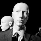 Monochrome busts depict transformation from bald human to bird-like creature