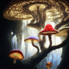 Fantastical image of giant tree, spiral path, mushrooms, and fog