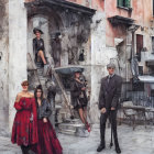 Three individuals in red outfits with white masks in a Venetian alley by a canal.