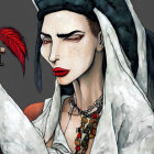 Surrealist stylized portrait of a woman with red lips and feather fan