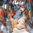 Two white female figures with red feathered headdresses on cracked earth-toned backdrop