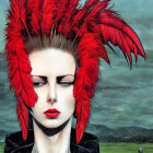 Illustrated Figure with Red Feathers, Piercing Eyes, Leather Jacket in Urban Setting