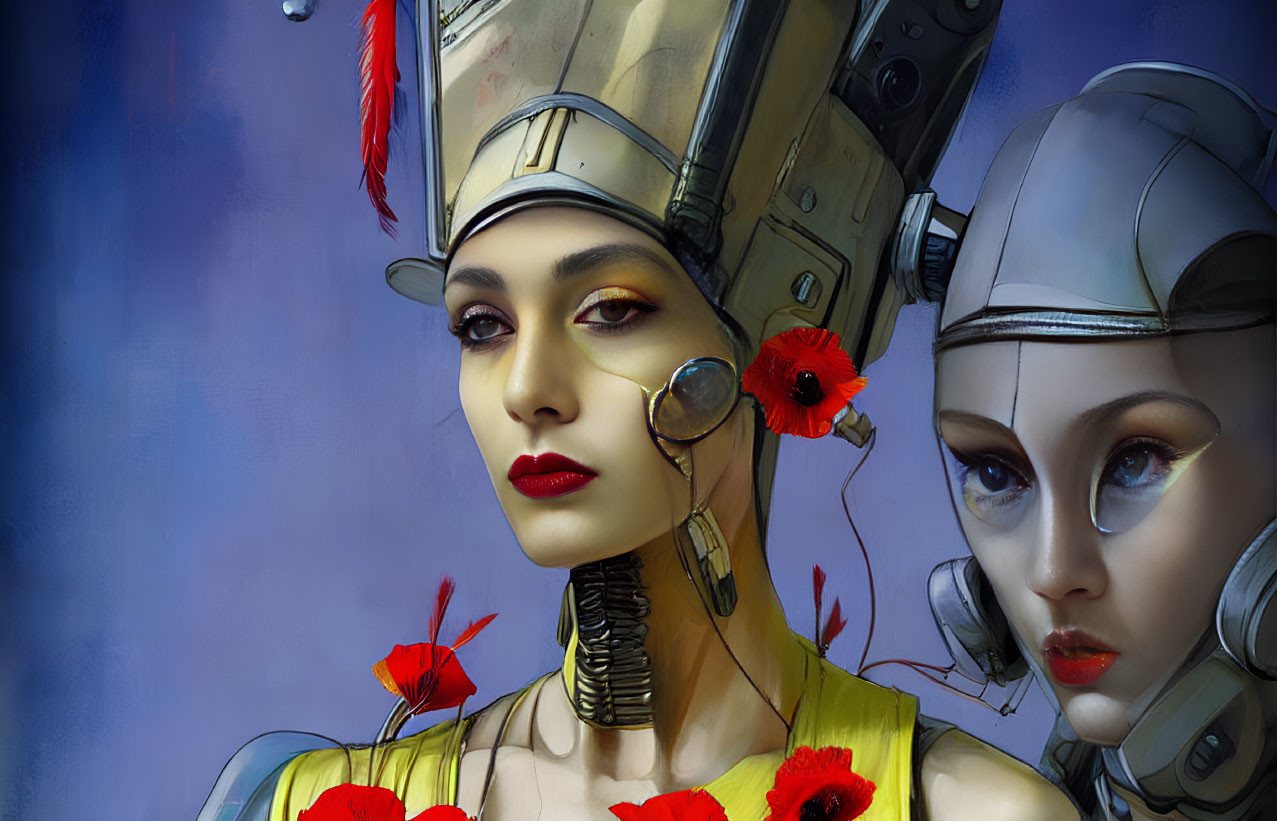 Futuristic female androids with metallic skin and red poppies, one wearing a headset and vibrant