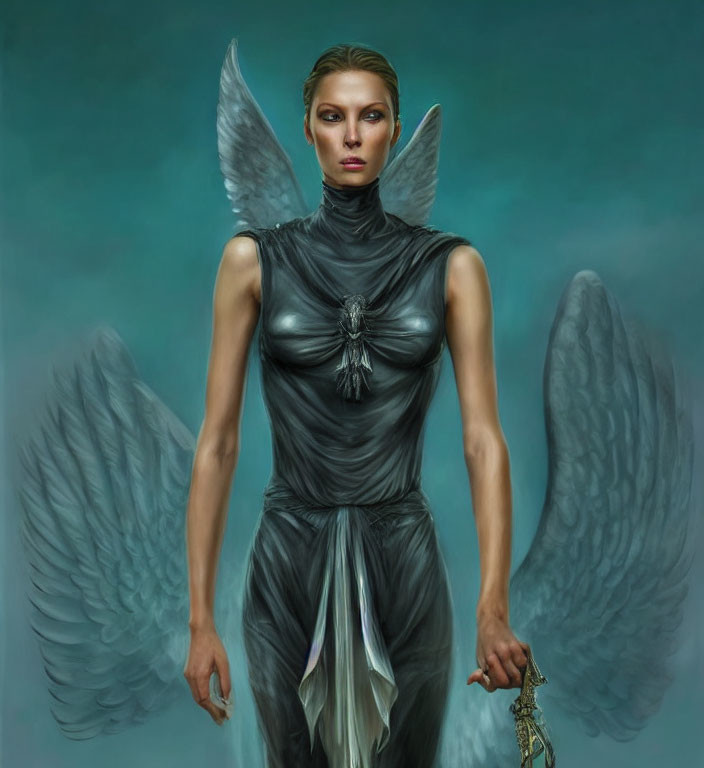 Metallic-winged angelic figure in gray draped garment with beetle brooch