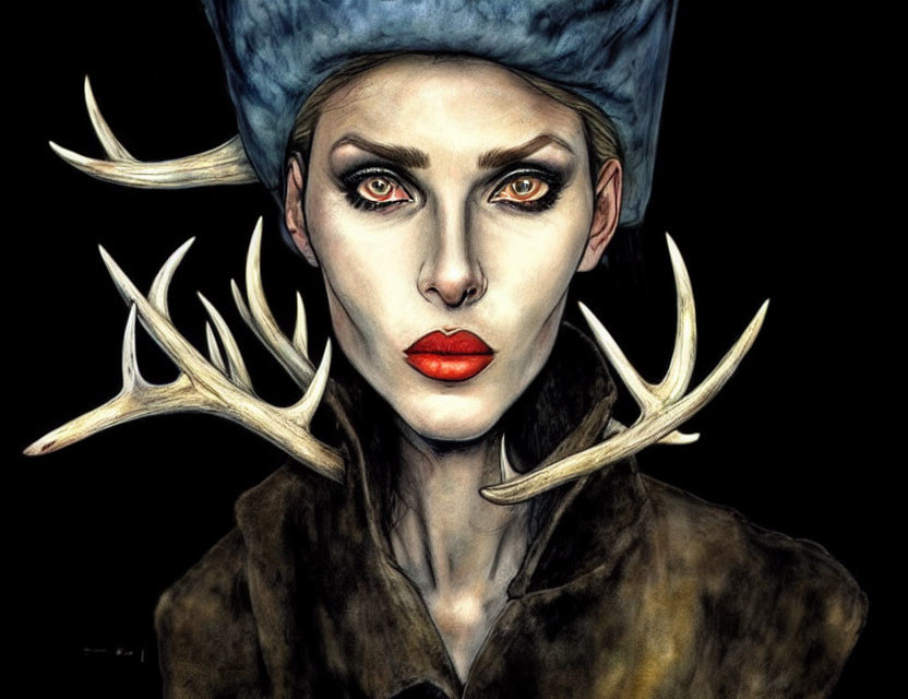 Stylized illustration of person with antlers and red lipstick