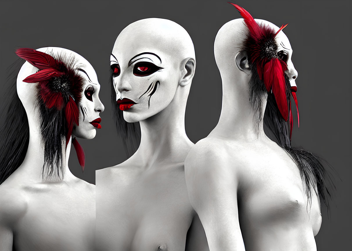 Models with dramatic black and white Kabuki-inspired makeup and feathered hairpieces