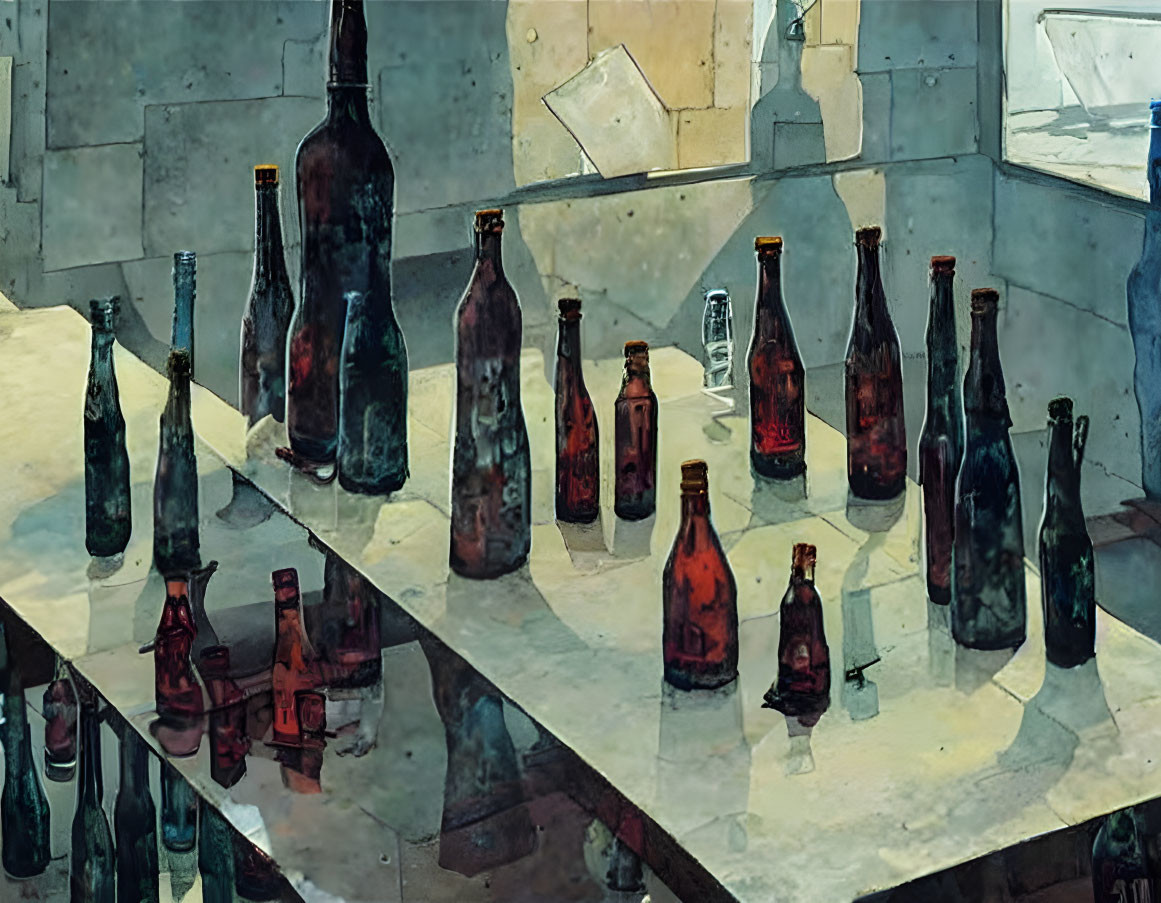 Empty Glass Bottles Array on Reflective Surface with Watercolor Effect