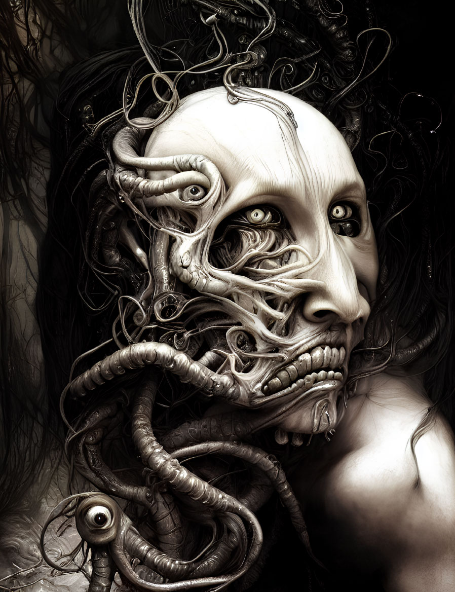 Monochromatic artwork: humanoid figure with tentacle-like appendages and skeletal, biomechanical face