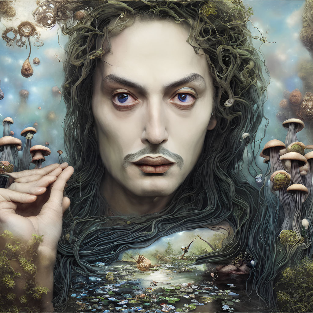 Intense-eyed person in surreal portrait with nature elements