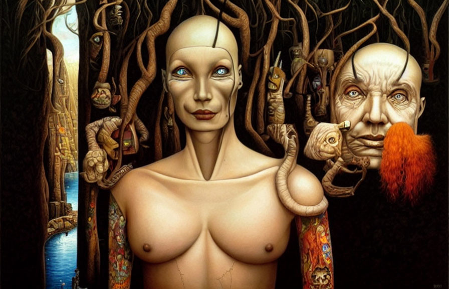 Surreal painting featuring bare-chested figure with bald head and smaller face, surrounded by fantastical