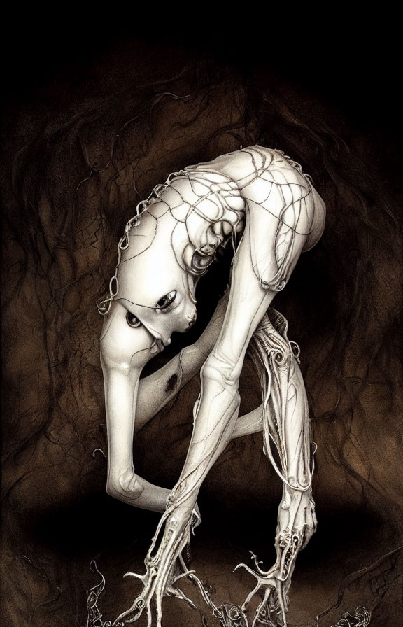 Detailed skeletal humanoid crouching in dark, root-filled setting