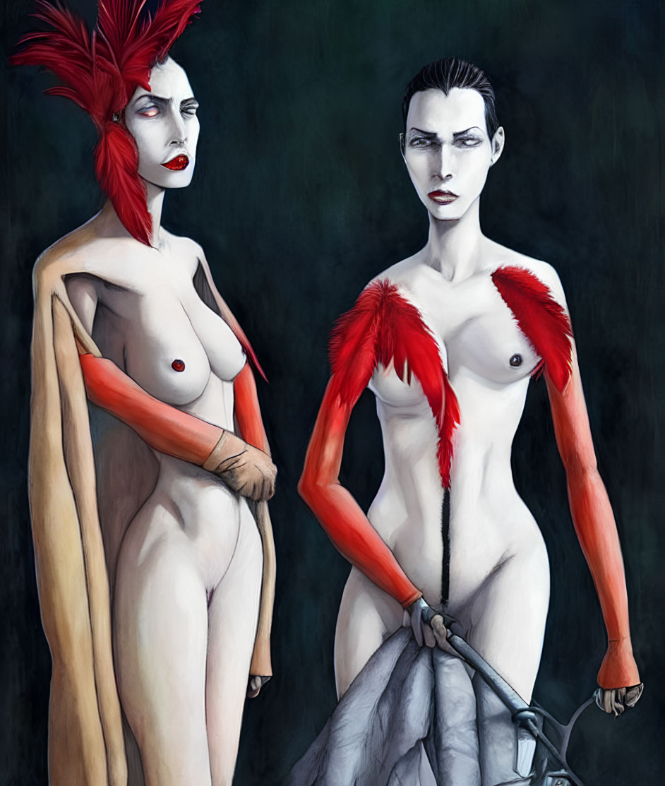 Stylized female figures with red and white body paint and feather crest holding a staff