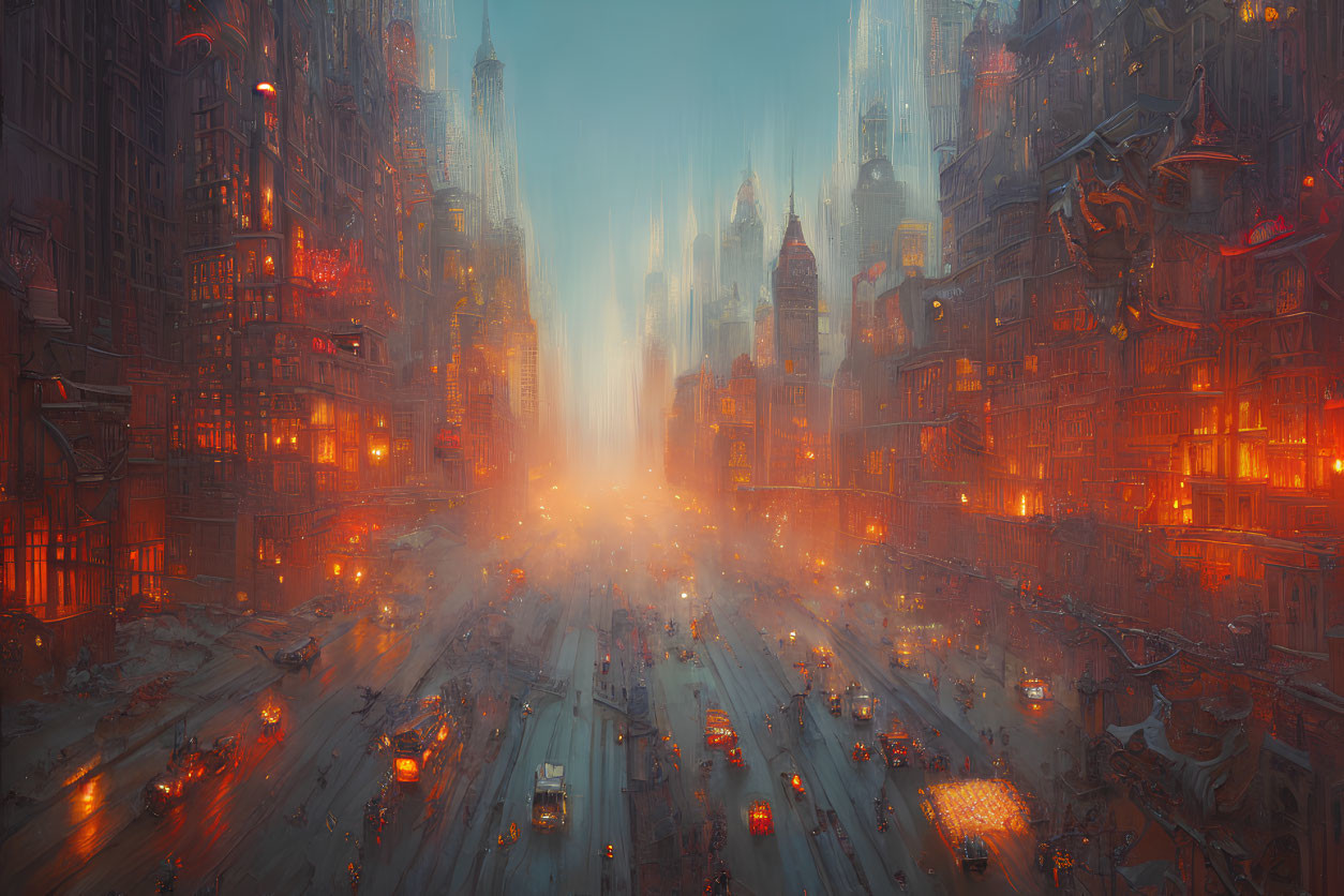 Futuristic cityscape at dusk: radiant lights, skyscrapers, traffic