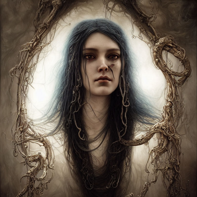 Mystical woman with blue-black hair and vine-like branches on gray background