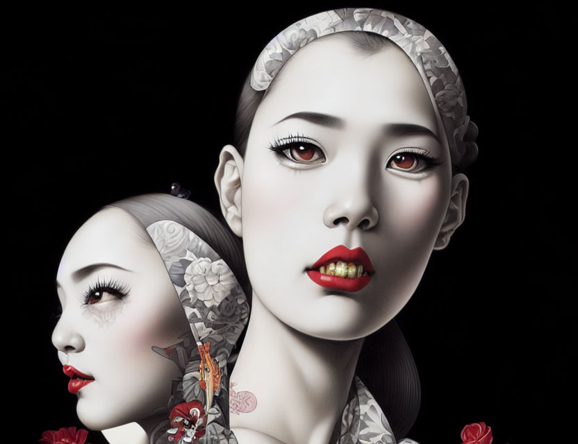 Hyper-realistic digital art: Two women's faces with floral patterns and red accents on black.