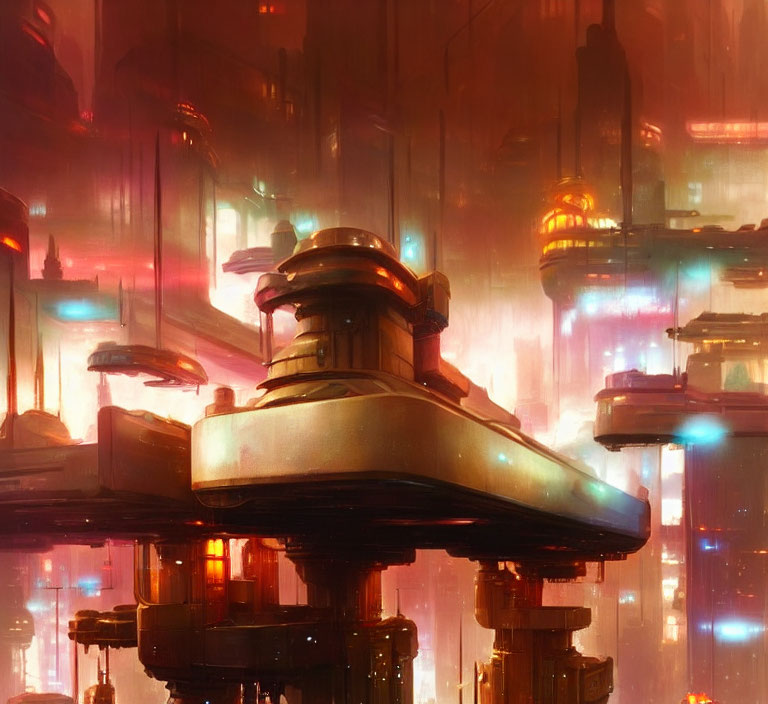 Futuristic cityscape with neon-lit skyscrapers and hovercraft