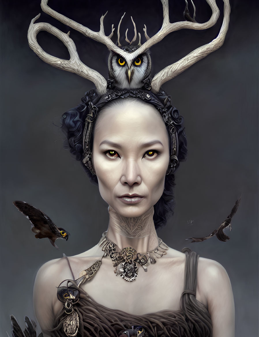 Woman with Antler-Like Headdress and Owl Eyes, Surrounded by Birds and Necklaces