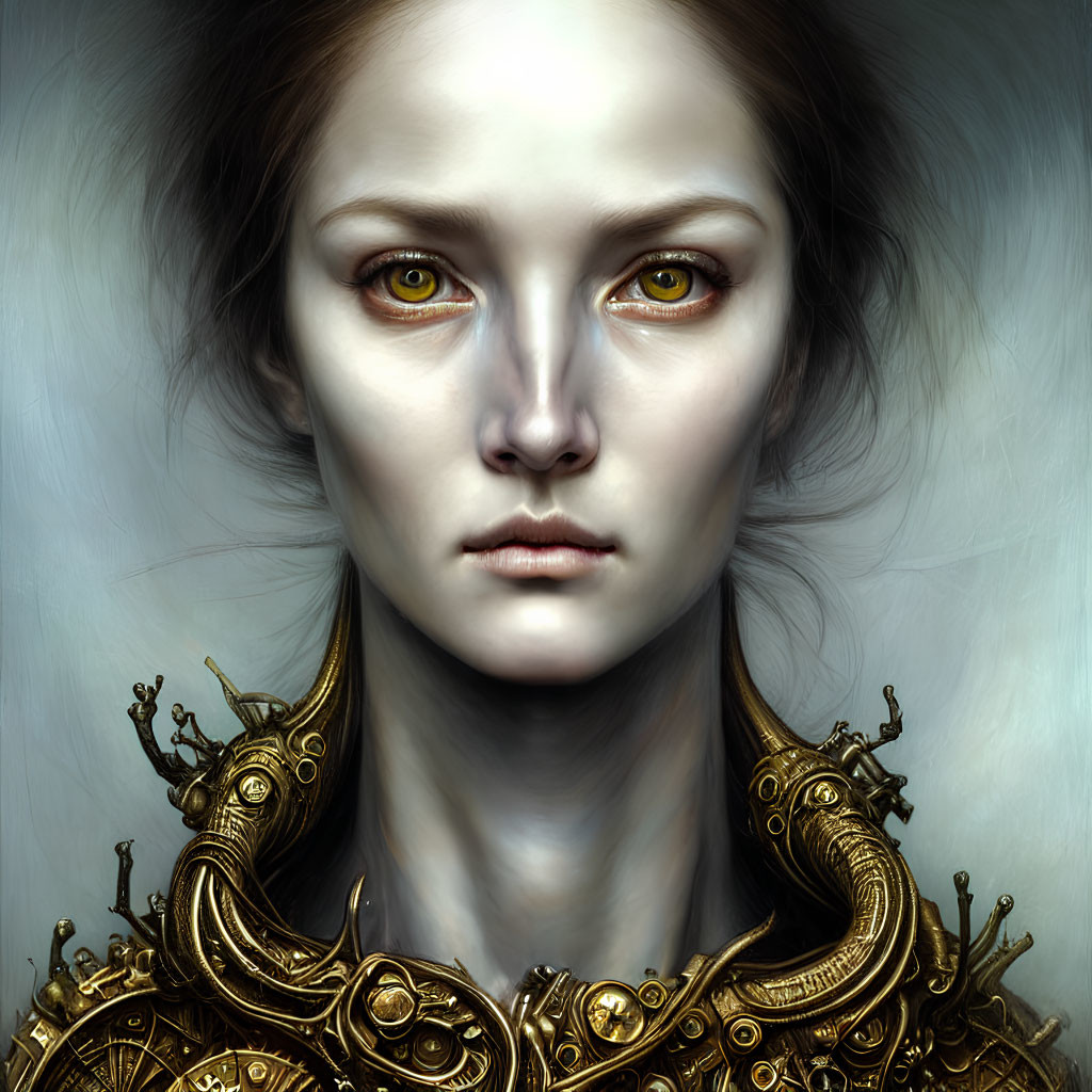 Digital artwork: Woman with amber eyes in golden mechanical armor