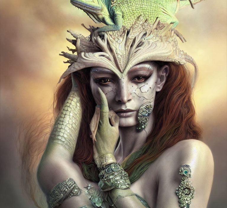 Fantasy illustration: Woman with red hair, reptilian features, dragon-themed headdress.