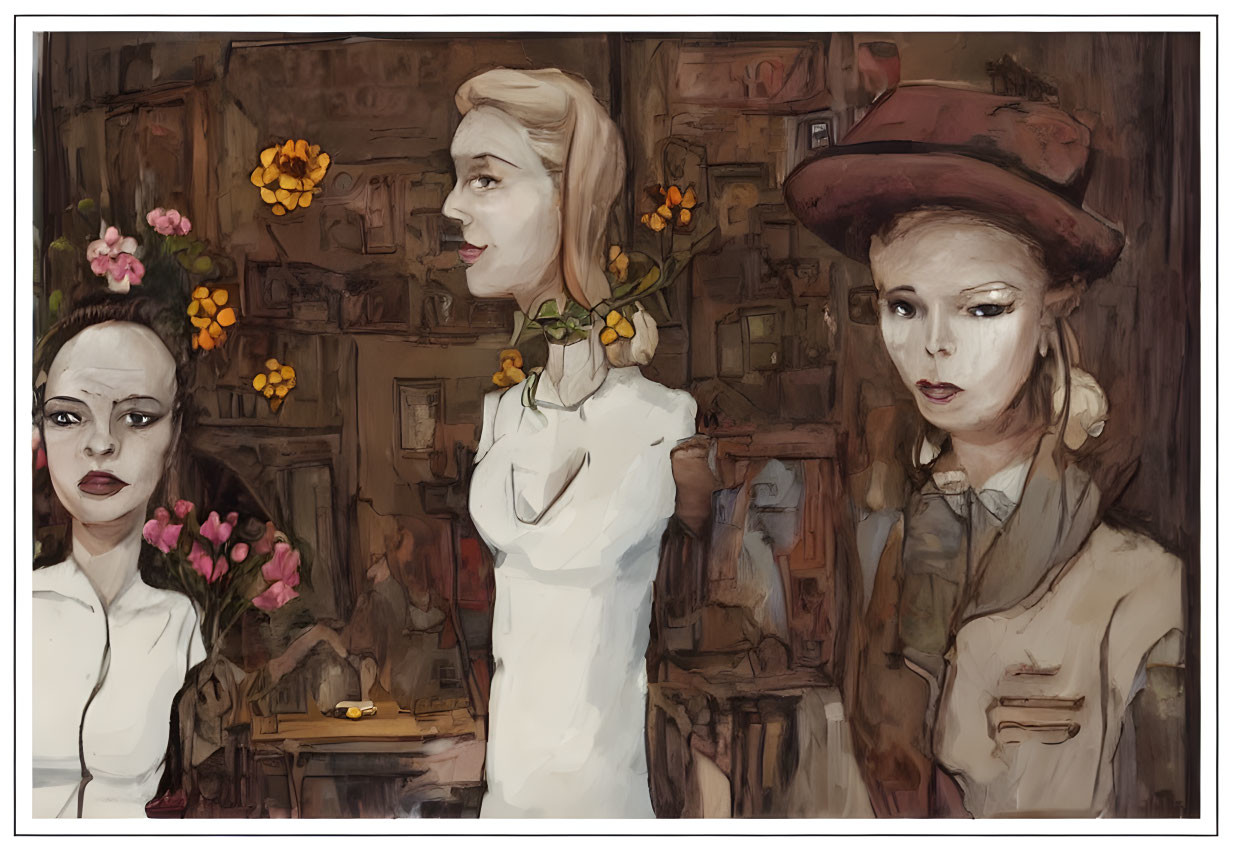 Stylized women in vintage attire with floral elements in dimly lit room