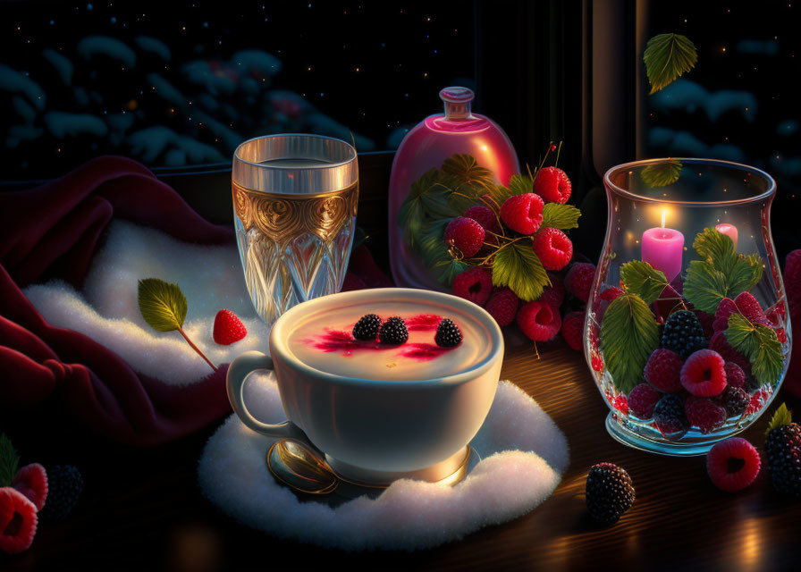 Cozy evening scene with berry tea, fresh berries, lit candle, crystal glass, and starry