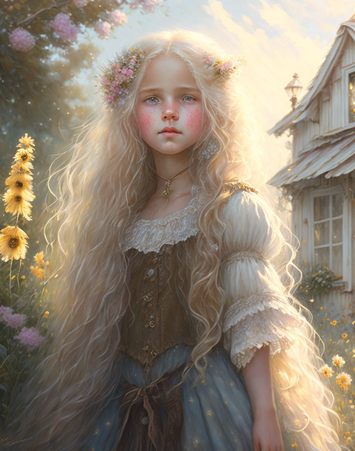 Young girl with long blonde hair in historic dress near cottage and sunflowers