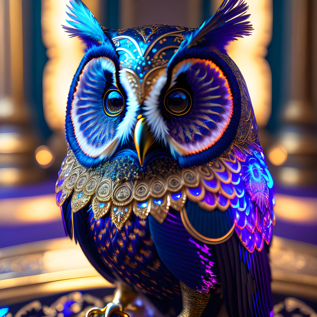 Colorful Mechanical Owl in Luxurious Room with Gold Accents