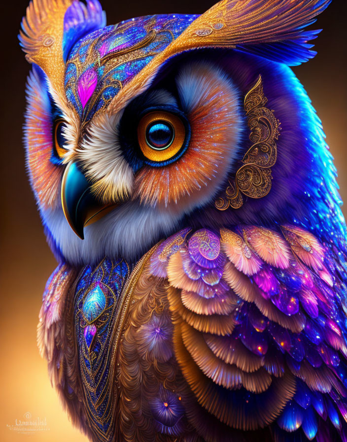 Colorful digital artwork: Owl with intricate blue, orange, and purple patterns