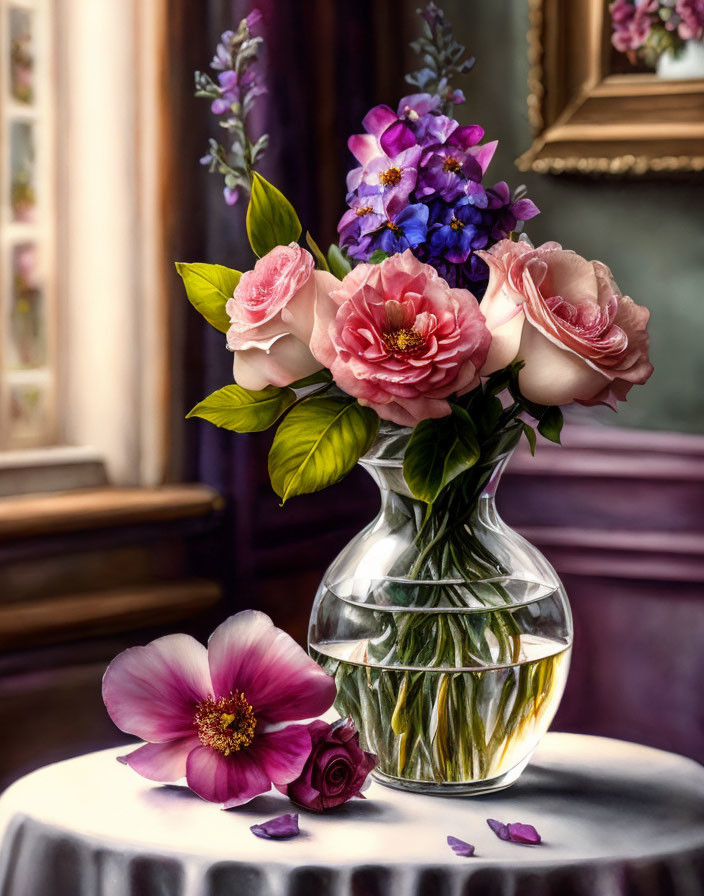 Colorful Flower Arrangement in Glass Vase with Pink Roses and Purple Blooms