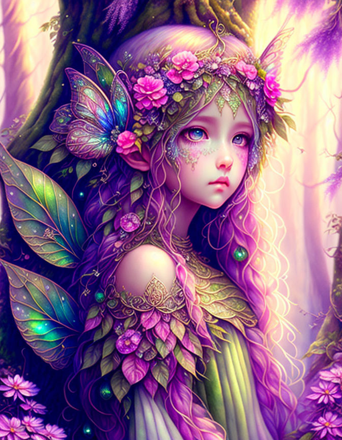 Fantasy fairy with butterfly wings in mystical forest