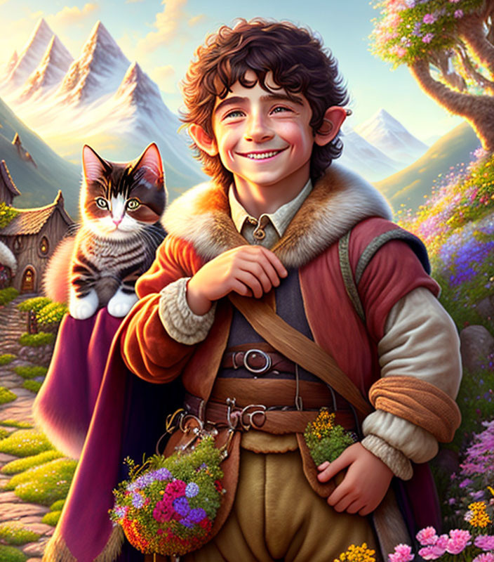 Young character with curly hair in fantasy attire with cat on shoulder, surrounded by flowers in mountain village.