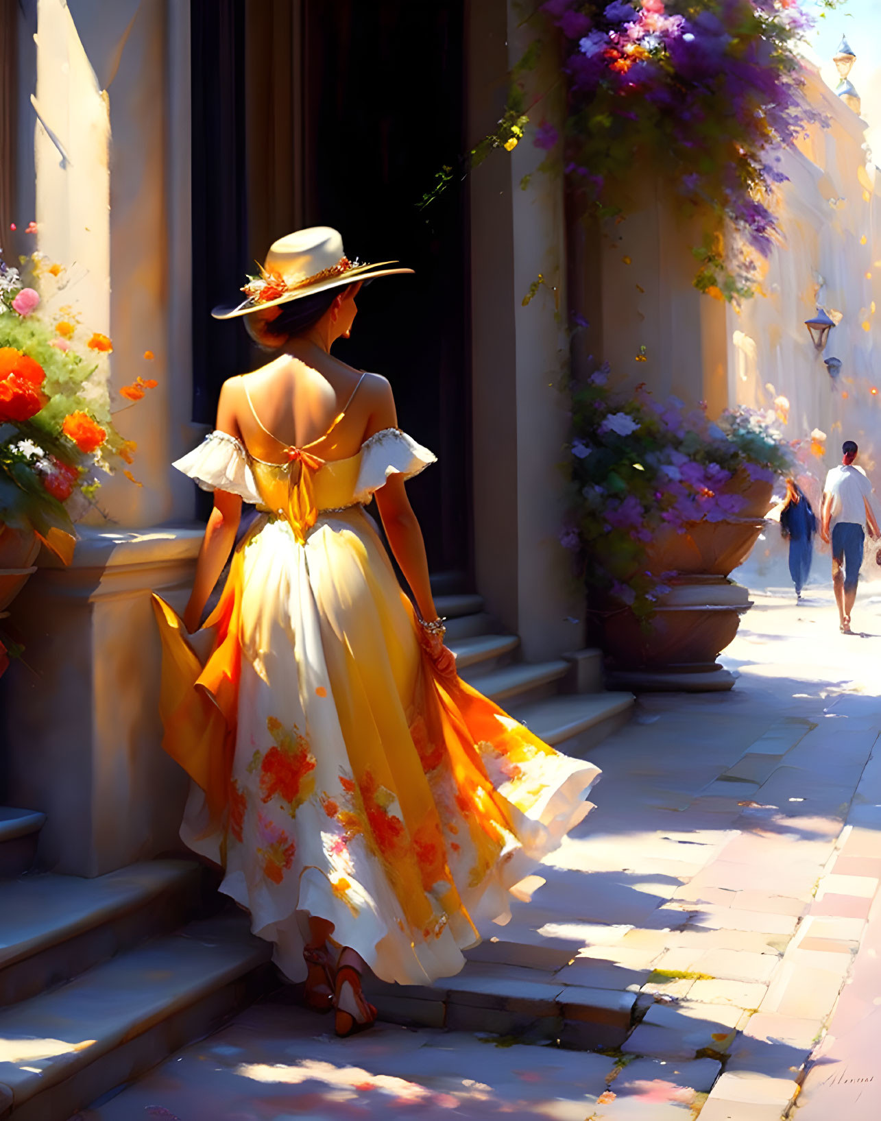 Woman in Yellow Dress and Wide-Brimmed Hat at Sunny Street Entrance