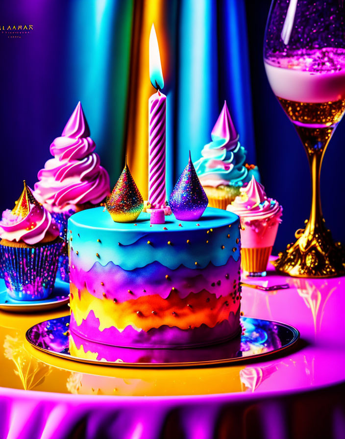 Colorful Birthday Cake with Candle, Cupcakes, and Champagne Glass on Vibrant Background