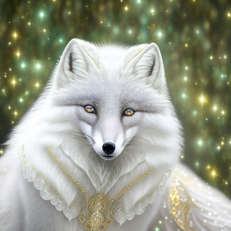 White Fox with Golden Neck Adornments on Starry Background