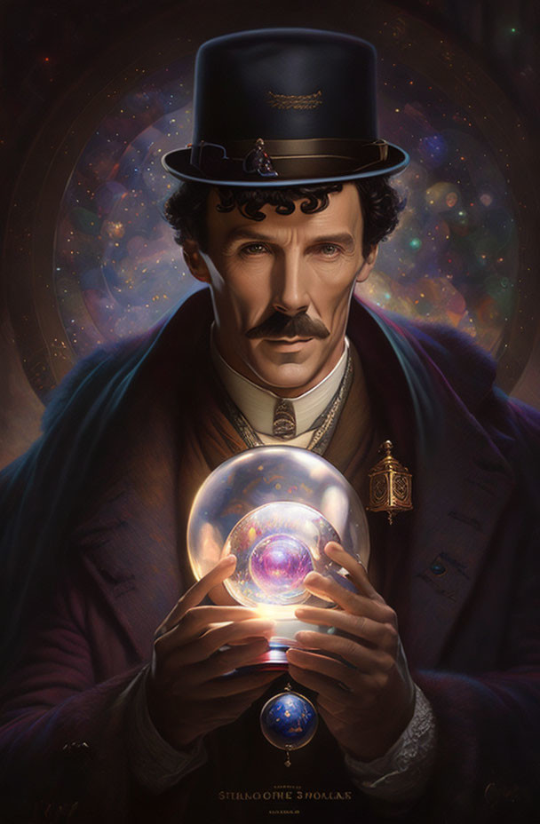 Man with mustache in top hat holding cosmic crystal ball under starry sky