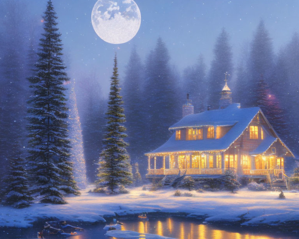 Snowy forest cabin by river under full moon at twilight