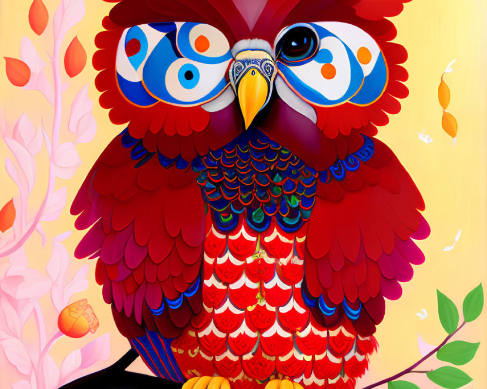 Colorful Stylized Red Parrot Illustration on Branch with Yellow Background