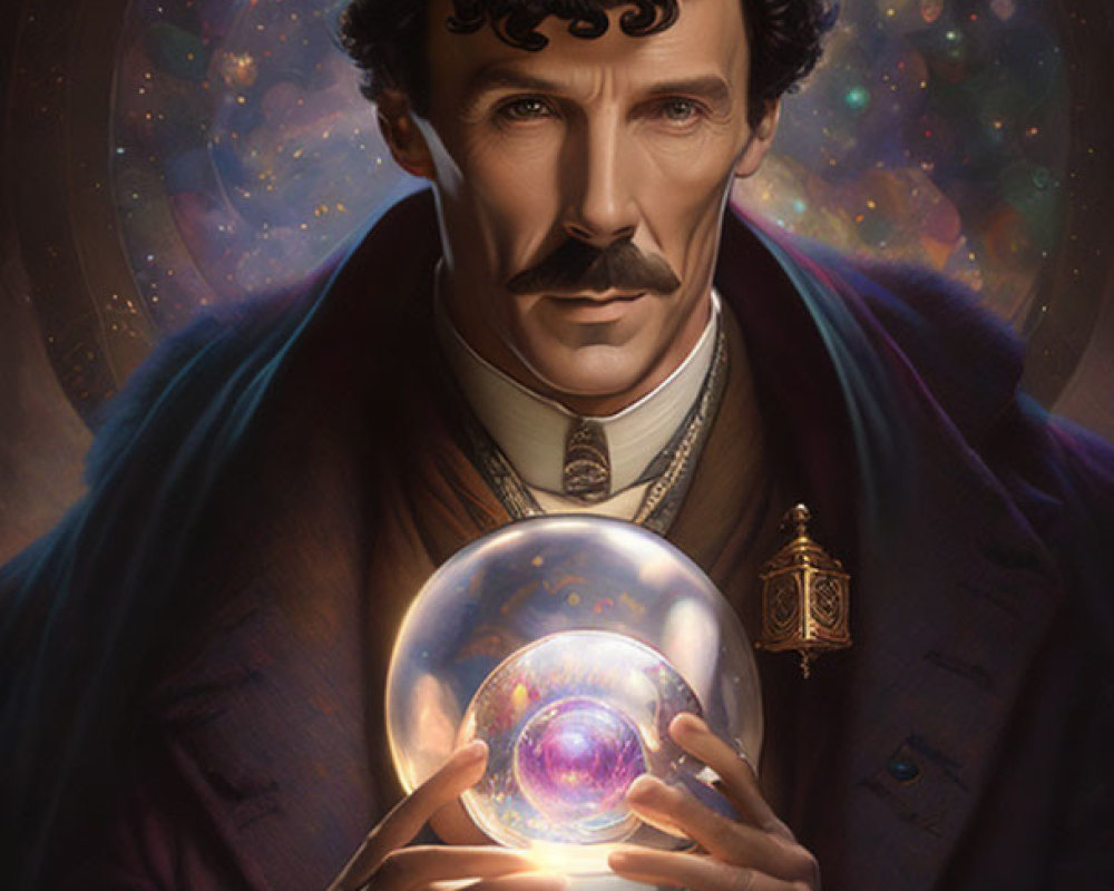 Man with mustache in top hat holding cosmic crystal ball under starry sky