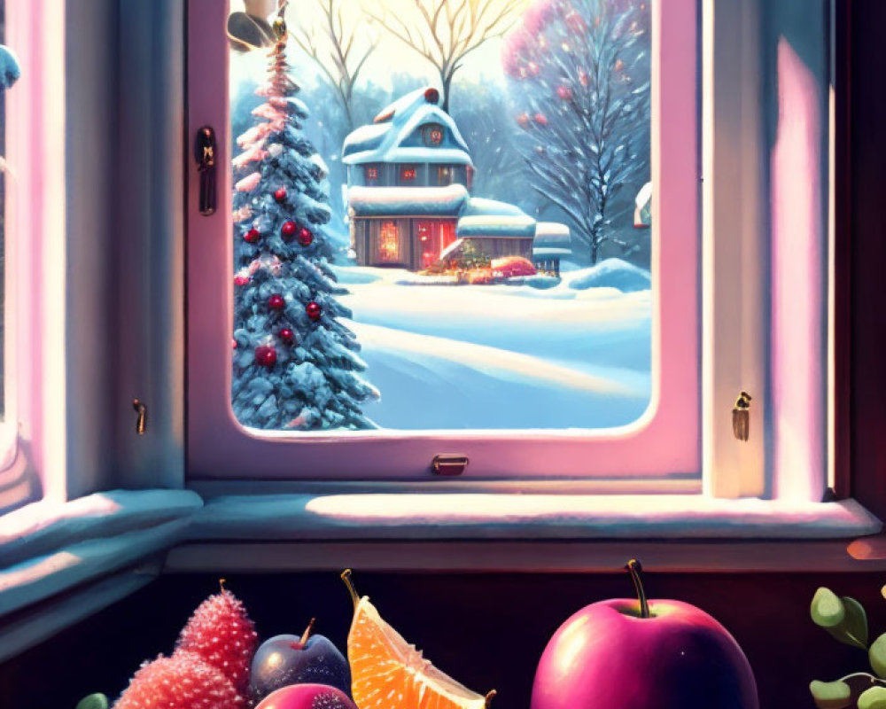 Winter Window View: Christmas tree, cozy house, fruit bowl