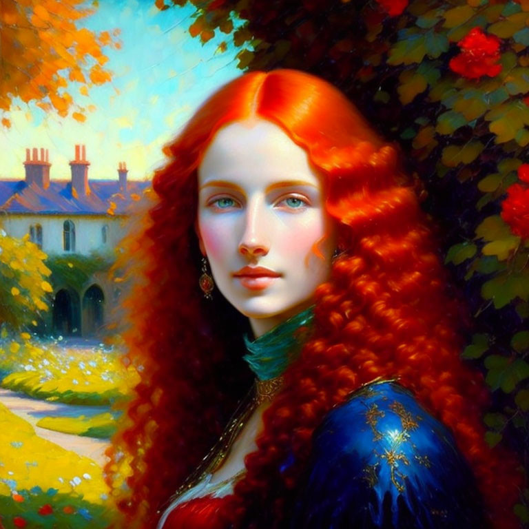 Vibrant red-haired woman in blue attire in garden setting