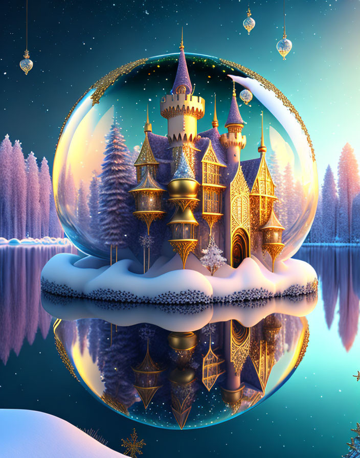 Golden castle in transparent bubble on snowy lake under twilight sky