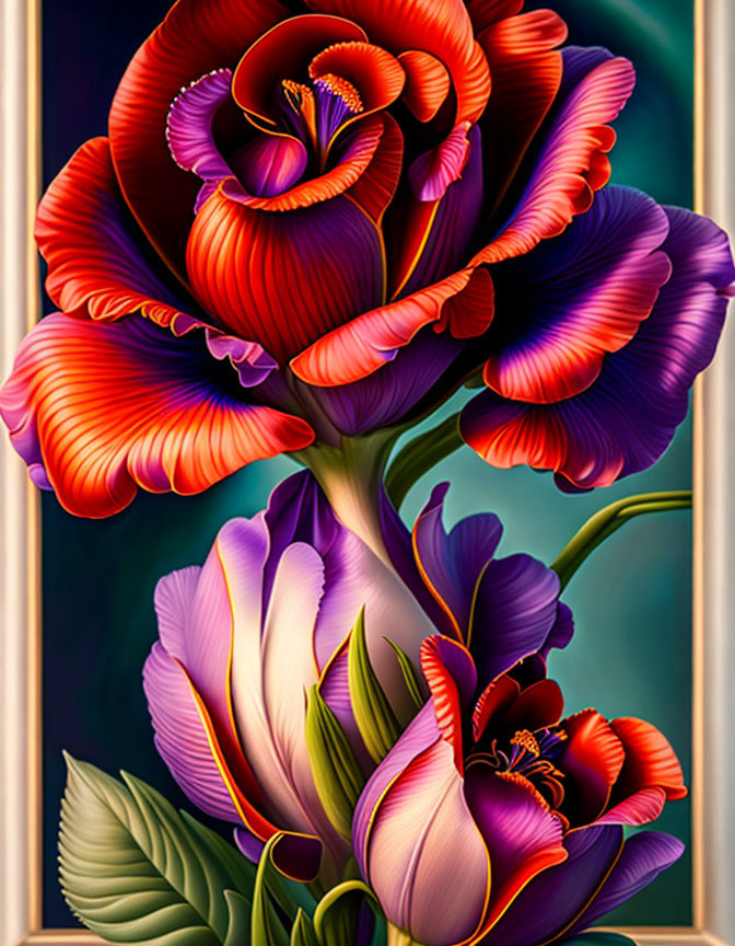 Colorful digital illustration of red and purple bouquet on dark background