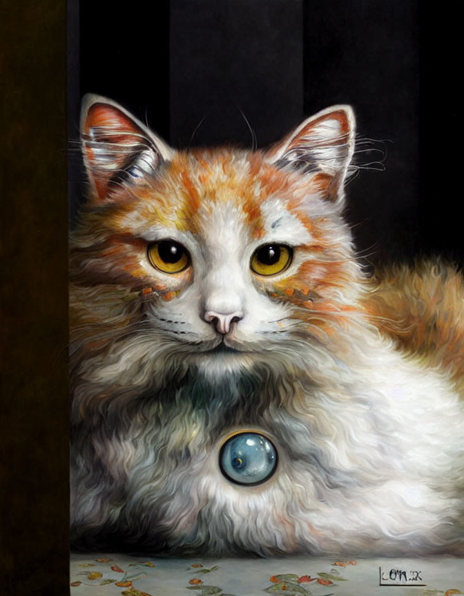 Hyper-realistic painting of orange and white cat with expressive eyes and glass marble on dark background