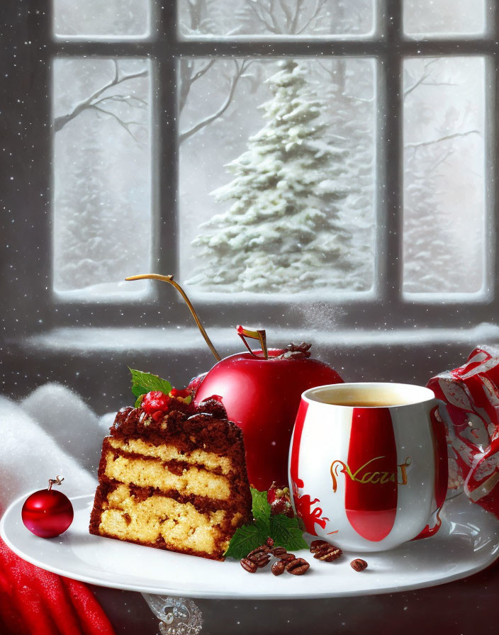 Winter-themed dessert scene with layered cake, apple, coffee, and candy cane by snowy window.