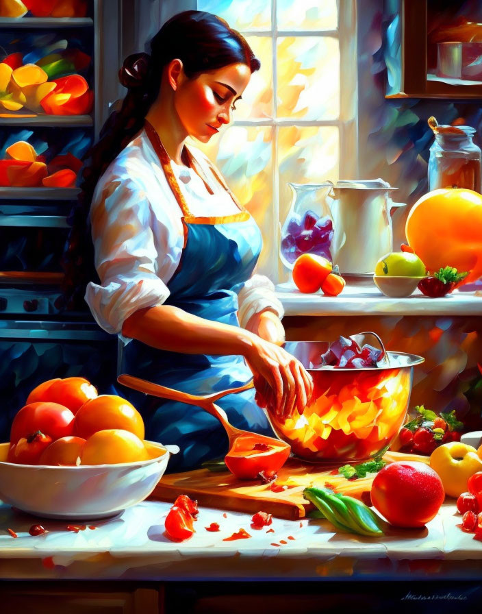 Woman chopping vegetables in sunlit kitchen with colorful fruits and veggies.