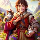 Young character with curly hair in fantasy attire with cat on shoulder, surrounded by flowers in mountain village.