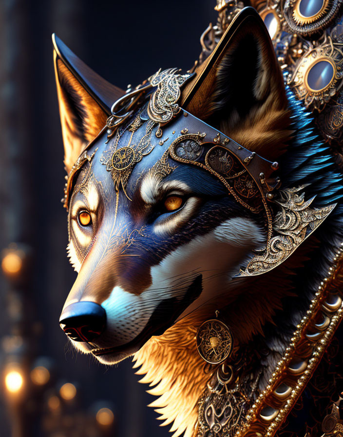 Detailed digital artwork: Wolf head in ornate metal armor with glowing, jewel-like elements on dark bo